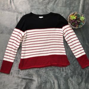 navy blue maybe black, Red, & white stripped top